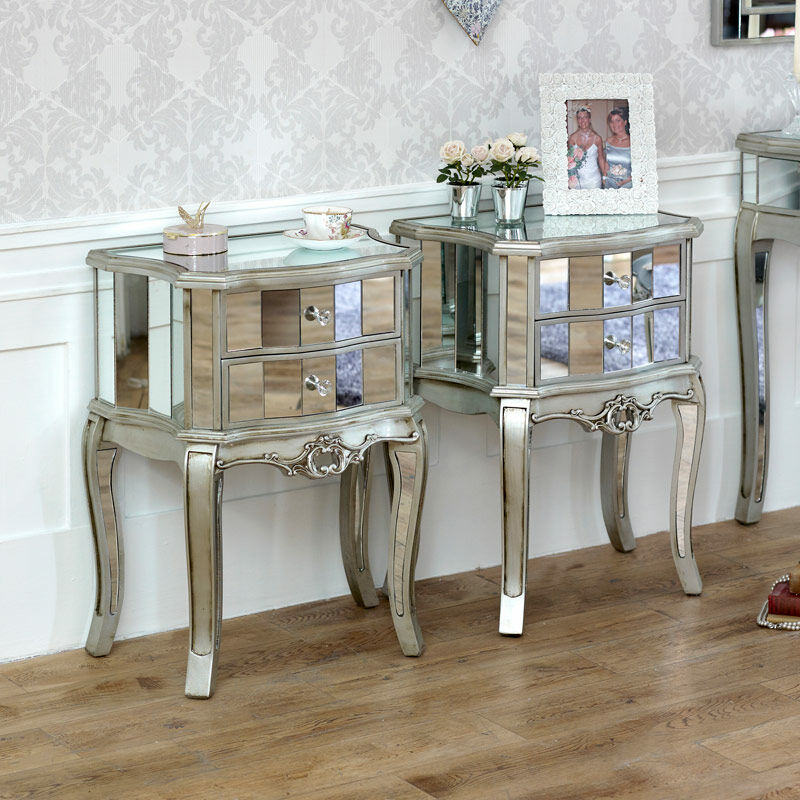 Bedroom Set, Pair of Mirrored 2 Drawer Bedside Tables - Tiffany Range - Silver