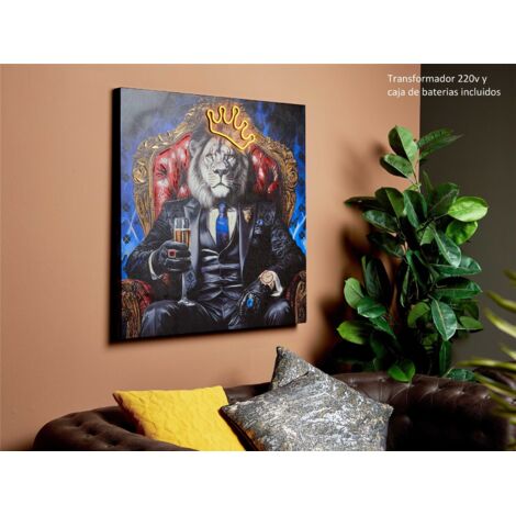 Bedruckte Leinwand Pop Art Löwe auf seinem Thron 50% Öl mit LED 80x80 cm. 80x3x80 cm
