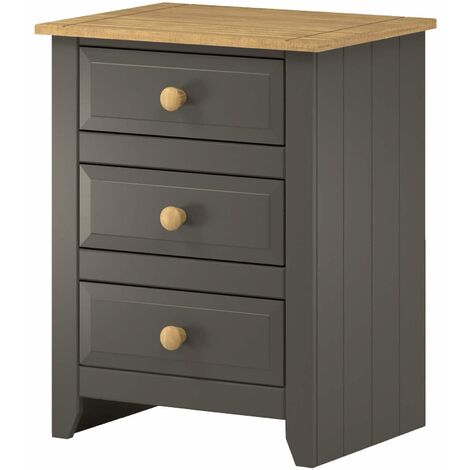 Bedside Cabinet 3 Drawer Pine Top Handles Side Table Nightstand Grey Two Tone
