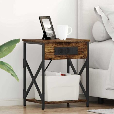 Bedside Cabinet with Charging Station Smoked oak vidaXL