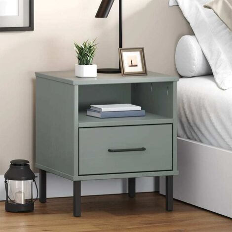 Bedside Cabinet with Metal Legs Grey Solid Wood Pine OSLO vidaXL