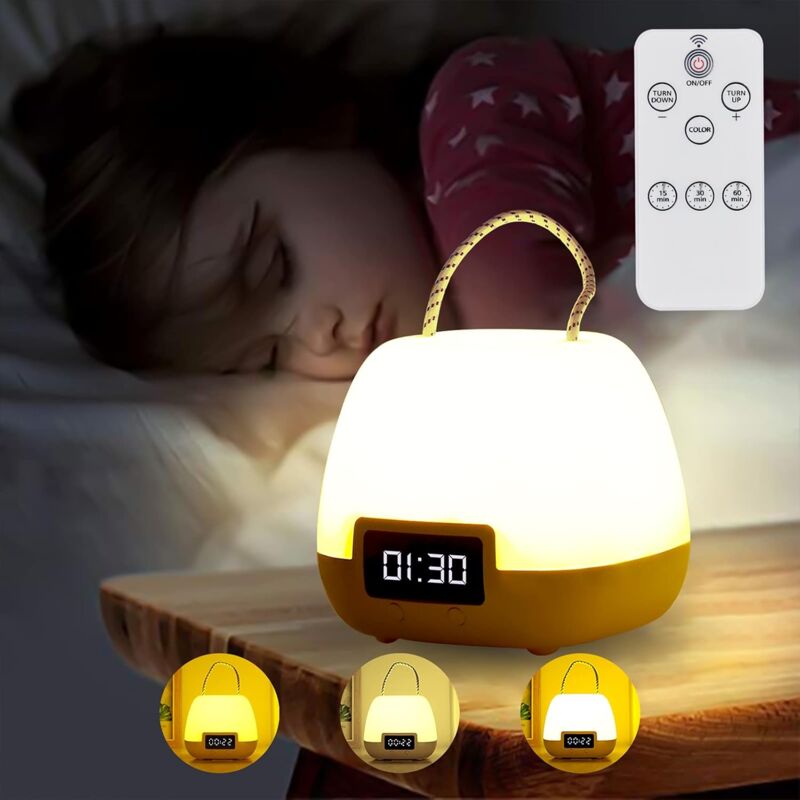 Devenirriche - Bedside Lamp, Led Night Light, Remote Control Kids Night Light With Changing Colors, Rechargeable Table Lamp With Clock Display,