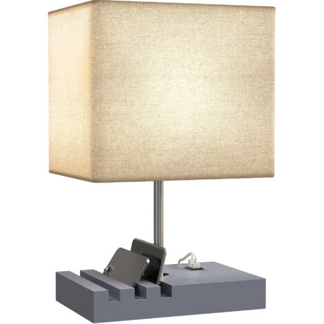 Bedside Lamp with USB A+C Charging Ports and 3 Phone Stands, Modern Table Lamp with Solid Wood Base and Fabric Shade for Bedroom Living Room Office, E27 Socket, Bulb Not Included, Grey