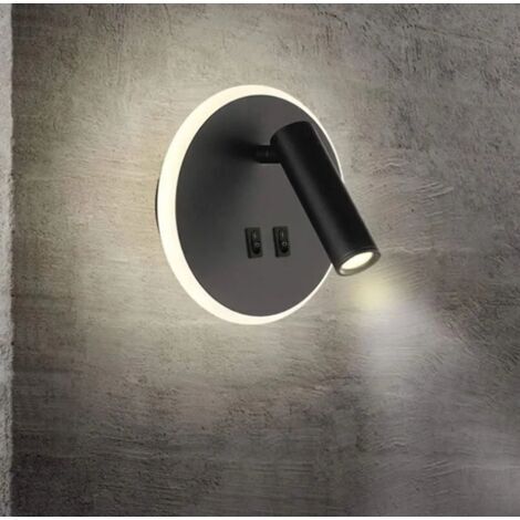 Bedside Lights LED Wall Lamp Indoor Hotel Wall Lights Bed Corridor Wall Lamp with Switch Black 3W+8W，3000K warm white (Round)