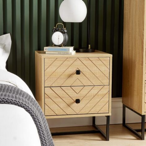 Bedside Table 2 Drawer Aztec Design Oak Effect Metal Legs Bedroom Furniture Unit