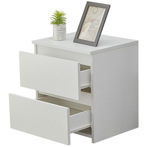 Bedside Table, 2-Drawer Cabinet Black Wooden Nightstand Cabinet Storage Unit with No-handle Design, Chest of 2 Drawer for Bedroom Living Room, White