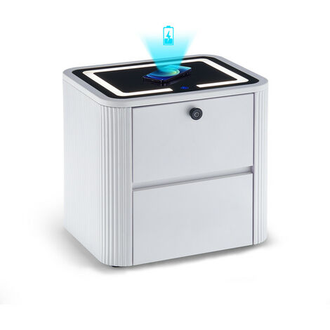 Bedside Table, 2 Drawer Nightstand with 3 Color LED Light, Tempered Glass Top Smart Bedside Cabinet  with Wireless Charger