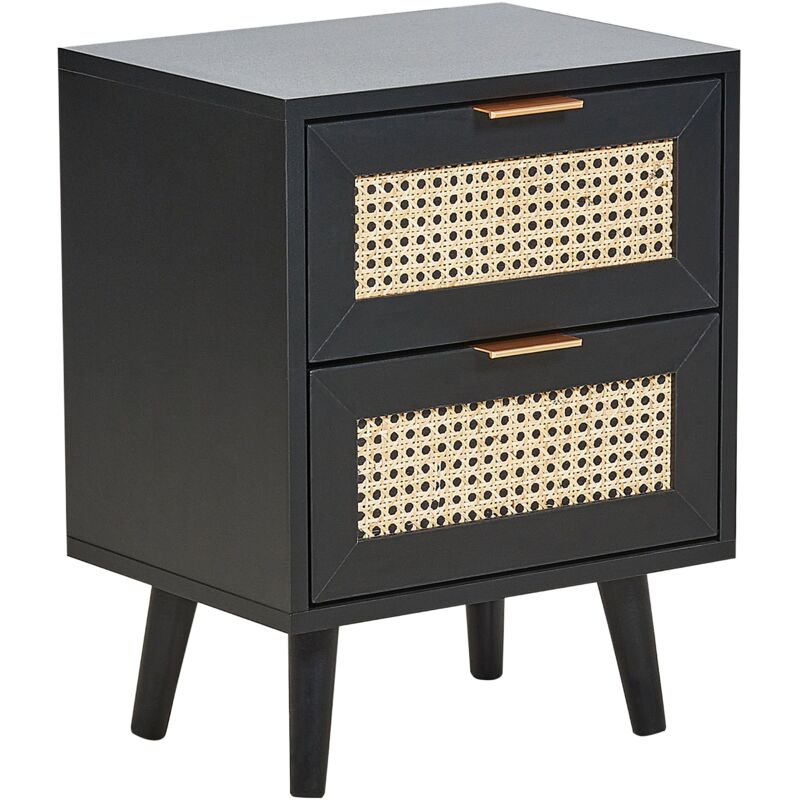 Beliani - Bedside Table 2 Drawer Rattan Fronts Mdf Black Rubberwood Legs Boho Style Nightstand Boho Bedroom Black Opoco
