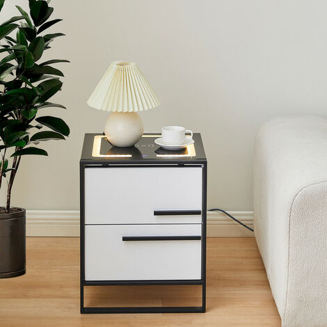 Bedside Table, 2 Drawers Cabinet, Smart Nightstand with Wireless Charging
