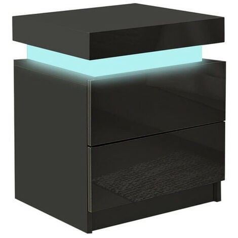 CLIPOP Bedside Table, 2 Drawers Nightstand with LED Lights, High Gloss Flip Cover Storage, Black