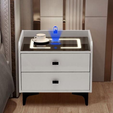 Bedside Table, High Gloss LED Nightstand Cabinet with Wireless Charger,  2 Drawer Side Table