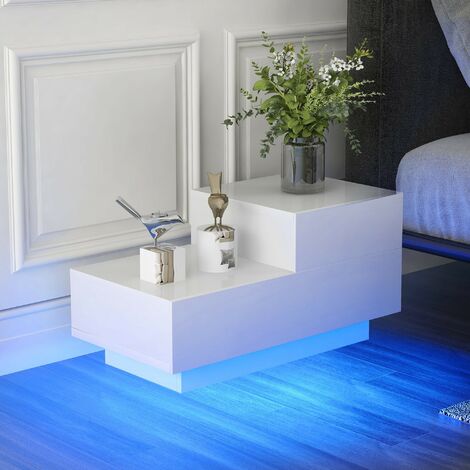 Bedside Table High Gloss White Side Table with RGB LED Light