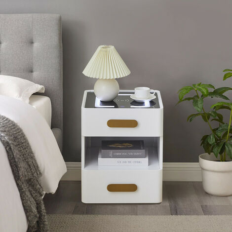Bedside Table, Nightstand 2 Drawers Cabinet, Smart Bedside Table with Wireless Charging