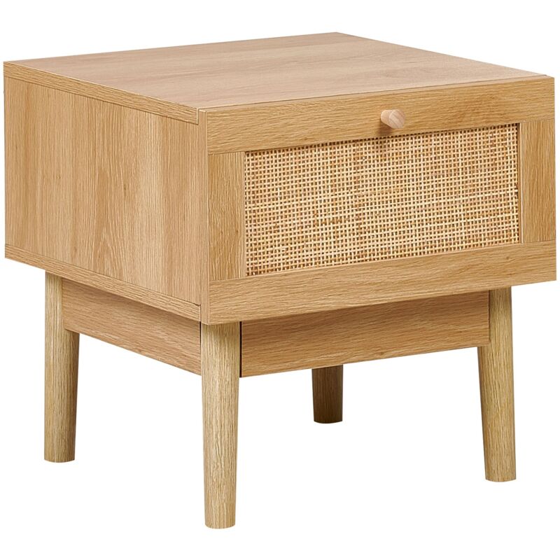 Beliani - Bedside Table Particle Board Pine Wood Rattan Front Drawer Boho Style Nightstand Light Wood Nivo