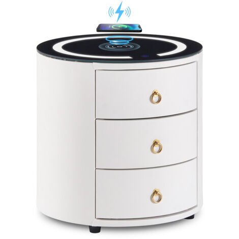 Bedside Table, Round Nightstand, 3 Drawers Cabinet, Smart Bedside Table with Wireless Charging,White