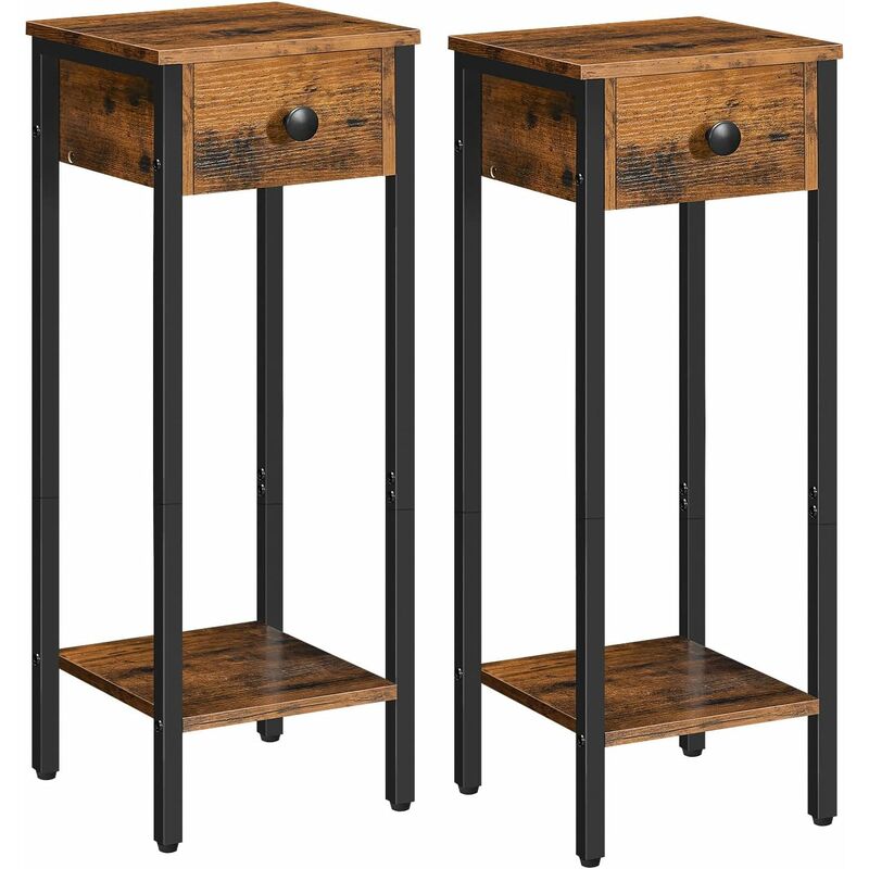 Hoobro - Bedside Table Set of 2, Tall Side Table 25 cm, Slim Telephone Table with Metal Frame, Narrow Bedside Table with Drawer, Open Shelf, Space