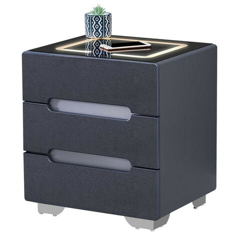Bedside Table, Smart Night Stand with Wireless Charger, 3 Color Touch Control LED Light,  Black