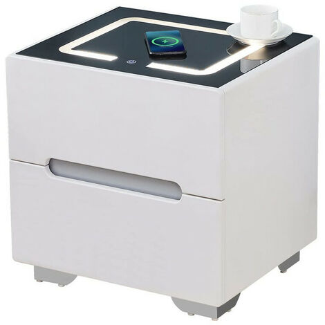 Bedside Table, Smart Night Stand with Wireless Charger, 3 Color Touch Control LED Light, Chest of 2 Drawer, White-2
