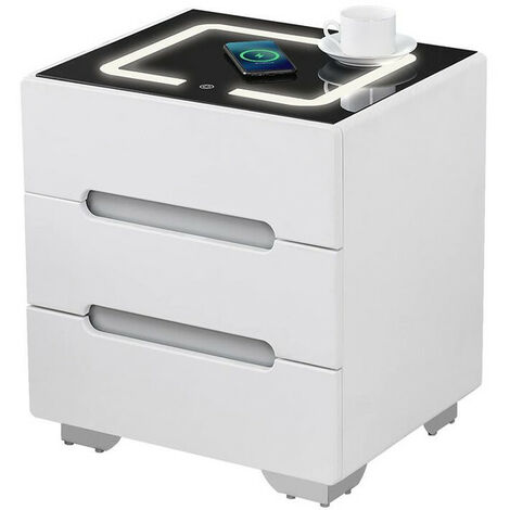 Bedside Table, Smart Night Stand with Wireless Charger, 3 Color Touch Control LED Light, White-2