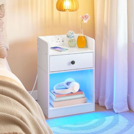 Bedside Table with Charging Station and LED Lights, Side Table with 1 Outlet and 2 USB Ports, Nightstand for Living Room, Bedroom, White EWT18KDBZ01G1,HOOBRO