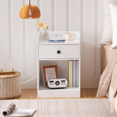 Bedside Table with Charging Station, Sofa Side Table with USB, Bed Side End Table with Socket and 2 USB Ports, Nightstand with Drawer, for Bedroom, Living Room, White EWT18KBZ01,HOOBRO