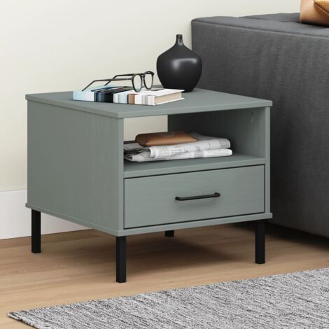 Bedside Table with Metal Legs Grey Solid Wood Pine OSLO vidaXL