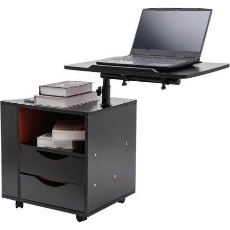 Bedside Tables, Functional 360°Rotating Bedside Table, Multi-functional Reading Shelf with Drawers, Wheels and Open Shelf, Wooden Nightstand Adjustable Height (70-90cm) (Black)