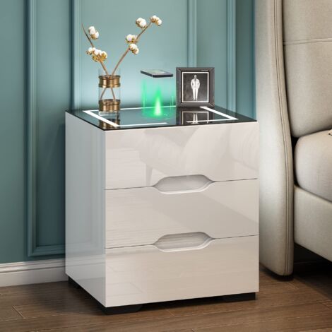 TLILY Bedside Tables with Wireless Charging & USB Charging Station, Led Bedside Table with 3 Drawers, High Gloss Smart Nightstand Organizer for Bedroom Use - White