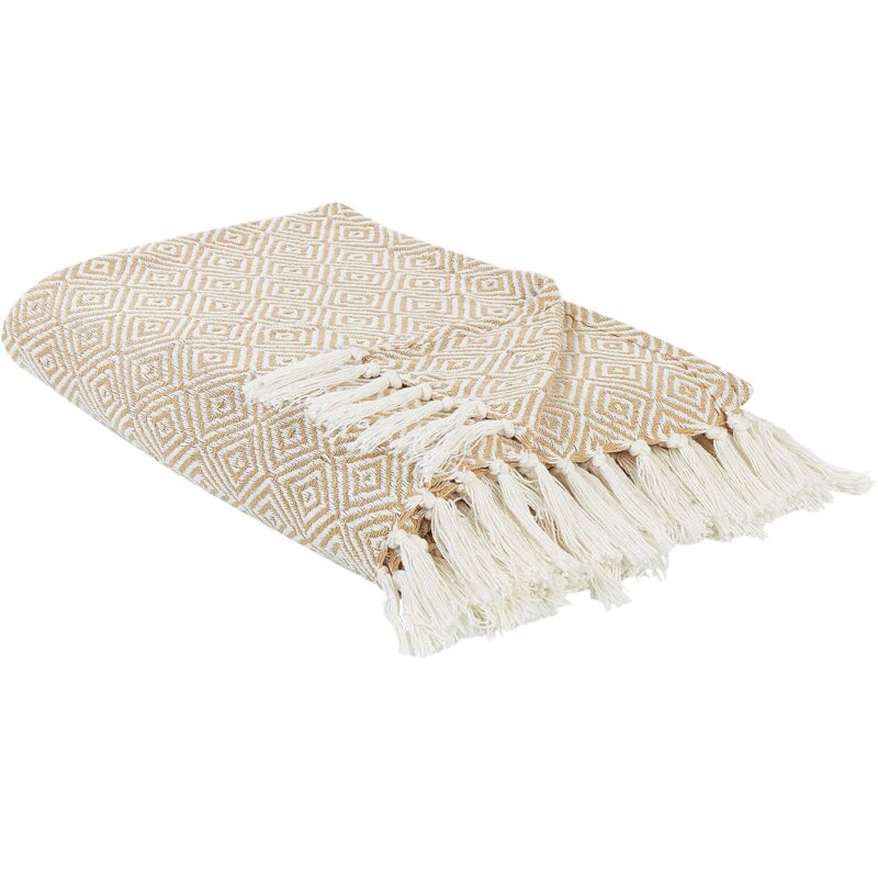 Beliani - Bedspread Cotton 200 X 220 Cm With Tassels Beige Living Room Bedroom Textiles Toutli