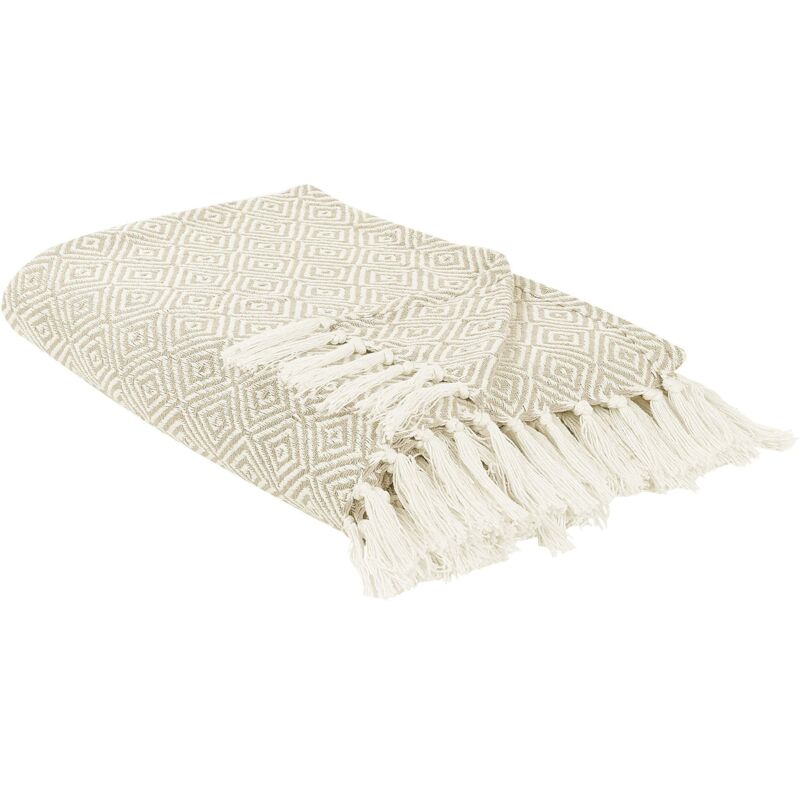 Beliani - Bedspread Cotton 200 X 220 Cm With Tassels Light Beige Living Room Bedroom Textiles Toutli