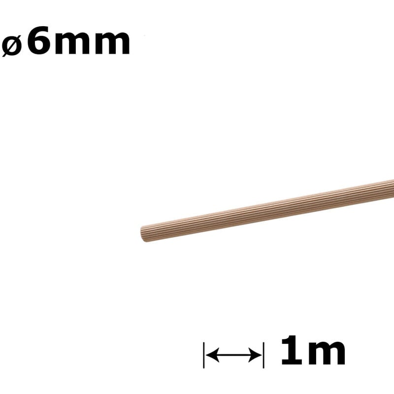 Beech Dowel Flutted Wood Rod Pegs - Diameter 6mm - Length 100cm