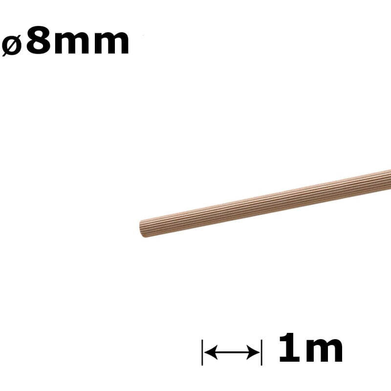 Beech Dowel Flutted Wood Rod Pegs - Diameter 8mm - Length 100cm