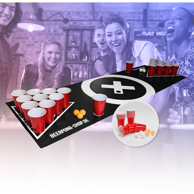 Beercup Tapis Beer Pong pour les Soirées d'Adultes, Kit Complet Officiel avec 6 Balles de Biere Pong, 7 Red Cup Gobelets, Table Beer Pong, Pack Jeu