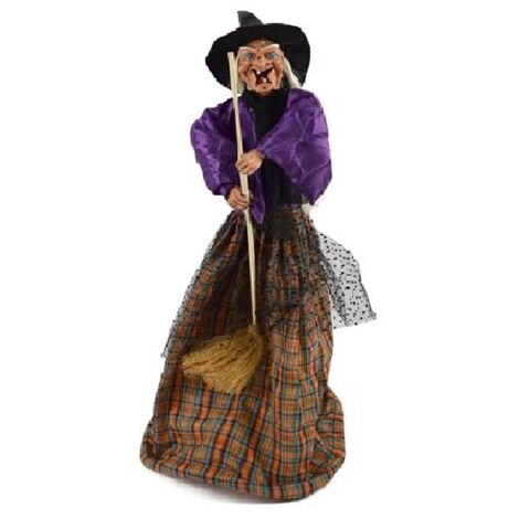 Befana con scopa h 70 porta doni con suoni e luci in tessuto addobbi decorazioni di natale halloween pupazzo bambola statua