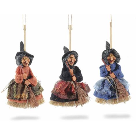 Befana su Scopa con Vestito in Stoffa Decorazioni Natalizie da Appendere per Casa, Vetrine e Negozi Set da 9 Pezzi
