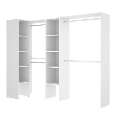 Befara – Composition de dressing d'angle Chania 228,5 x 40 x 187 cm – 4 barres de suspension – 8 étagères – Finition blanche moderne