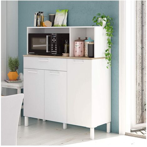Befara – Desserte de cuisine Rubin – 3 portes et tiroir – Dimensions 108x40x126 cm – Mélamine haute résistance – Niche micro-ondes 34x69x40 cm