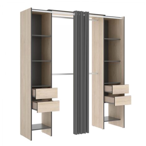 Befara – Dressing ouvert avec tiroirs Vesto – 2 barres de suspension 100 cm – 8 étagères – Rideau pour protection – Graphite / Naturel