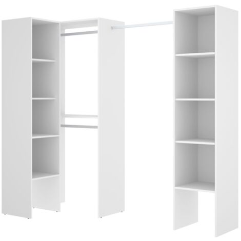 Befara – Dressing ouvert blanc Pireo 226,5 x 40 x 185 cm – 3 barres métalliques – 2 modules étagères 36,5 x 40 cm – Optimisation d'espace d'angle