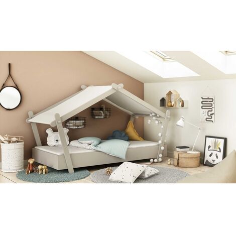 Befara – Lit cabane enfant 90x200 cm – Panneaux de particules 25mm – Toit tissu anti-feu écru – Kit facile à assembler