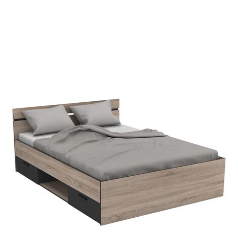 Befara – Lit double avec tiroirs 140x190 cm – Chêne et noir – 2 tiroirs amovibles – Design moderne et fonctionnel