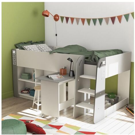 Befara – Lit mezzanine 90 x 200 cm avec bureau amovible – 4 étagères de rangement – Finition blanche et grise – Pour espaces réduits