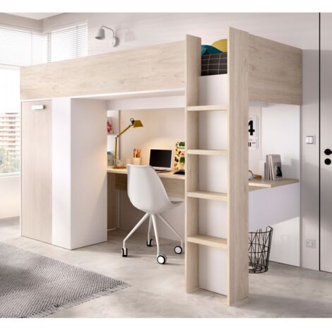 Befara – Lit mezzanine avec bureau et armoire – Dimensions 205 x 112 x 177 cm – Matelas 90 x 190/200 cm – Mélamine robuste avec étagères