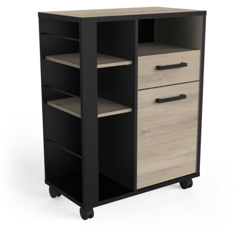 Befara – Meuble d'appoint de cuisine à roulettes – Dimensions 87 x 40 x 72 cm – Panneau de particules mélaminé chêne et noir – Grande capacité de rangement