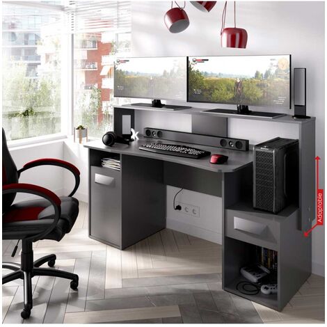 Befara – Table de gaming Tron 154 x 60 x 97 cm – Panneaux de particules haute qualité – Support réglable avec tiroir – Pour plusieurs moniteurs