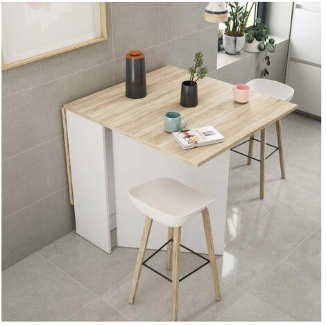 Befara – Table extensible pliante en mélamine – Dimensions 140 x 77 x 78 cm – Design nordique blanc et chêne – Accueille jusqu'à 4 personnes