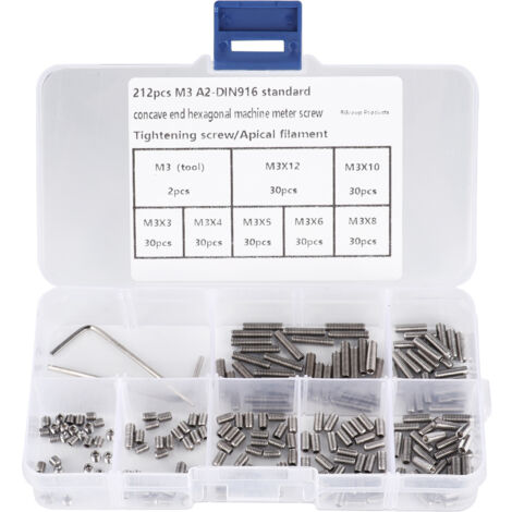 [Befestigungsschrauben] [Markenlos] [M3] [Sechskantschrauben ohne Kopf] Packung mit 212 M3 DIN916 Innensechskantschrauben ohne Kopf, Edelstahl A2 304