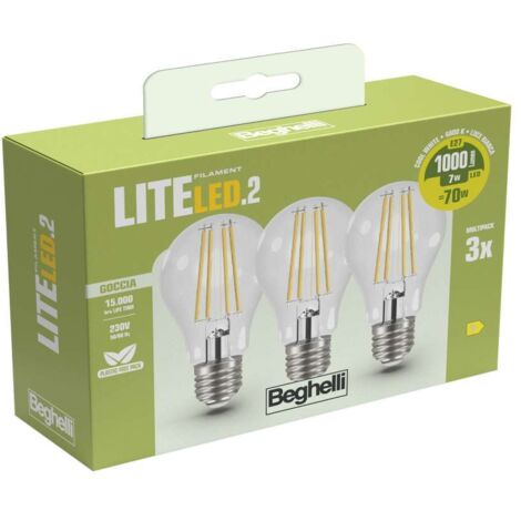 Beghelli 3 Lampadine Lite Led Goccia E27 - 7W 1000lm 4000K