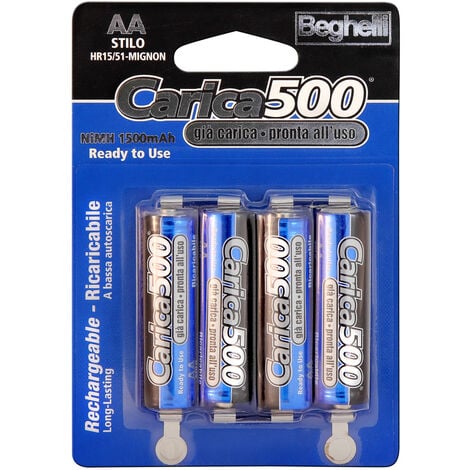 Batterie ricaricabili pronte all'uso 4pcs standard stilo AA - 1500mAh Carica500 Beghelli