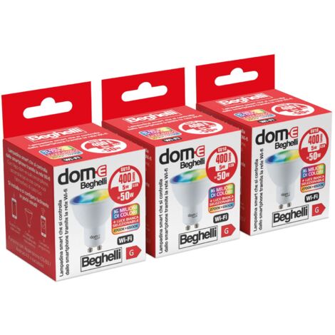 Beghelli Dom Lampadina LED Alexa Smart SPOT GU10 RGB-CCT WiFi, Lampada Compatibile con App, Facile Installazione Regolazione di Colori a Luce Calda e Luce Fredda, 3 pz
